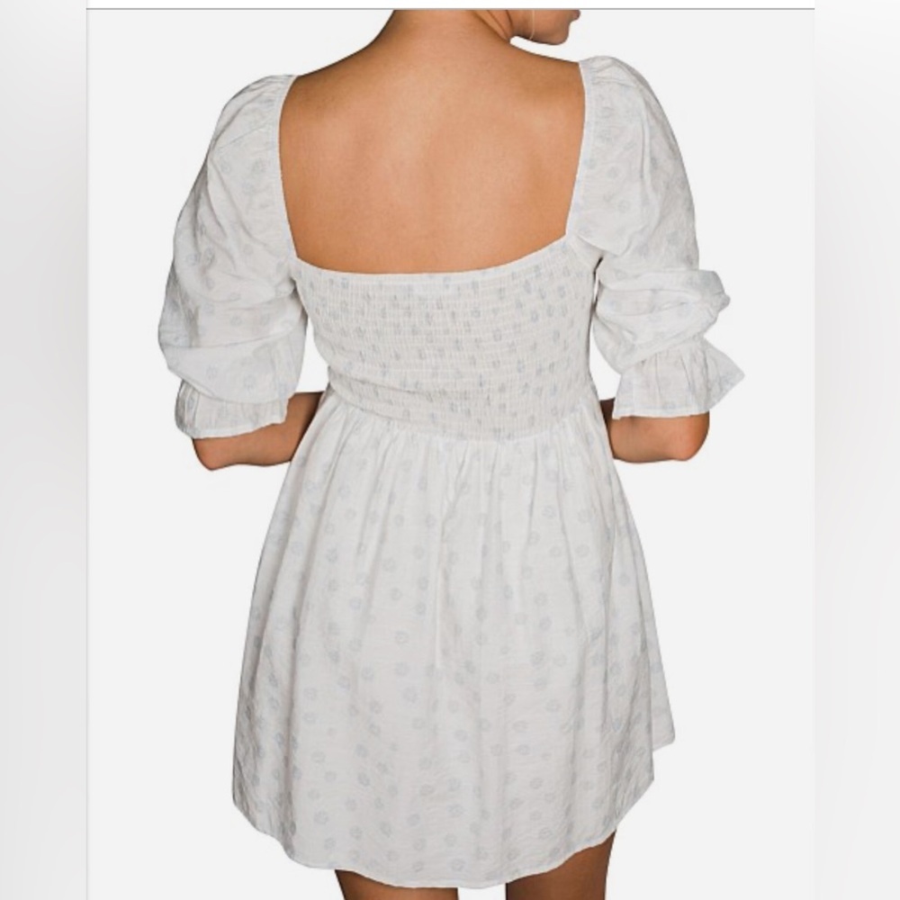 Girl And The Sun Lucia White Blue Flowered Smocked Babydoll Mini DressDress - Picture 3 of 16